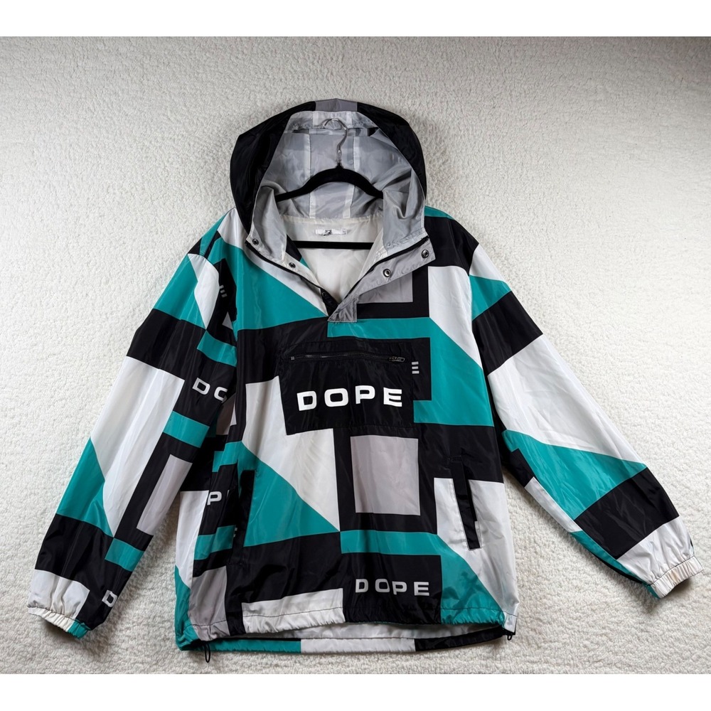Dope Men Geometric Colorblock Quarter Zip Hooded Windbreaker Jacket Teal L Retro